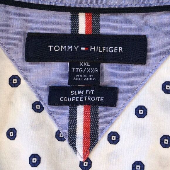 Tommy Hilfiger Mens XXL Shirt White Blue Abstract Print Slim Fit Short Sleeve - Picture 2 of 9